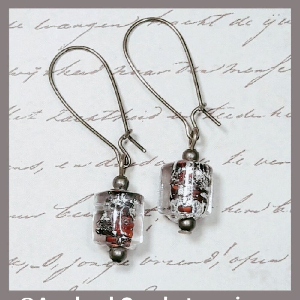 Amber Glass Antique.Bronze Semi-hoops Hidden Meaning earrings Unique Shape  453■